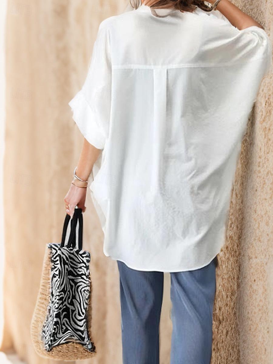 damebluse elegant stilig ensfarget rynket flaggermus-erm 3/4 lengde erme med hakk i halsen arbeid daglig hvit marineblå brun brun grønn sommer vår høst 2025 - $26.99 –P5