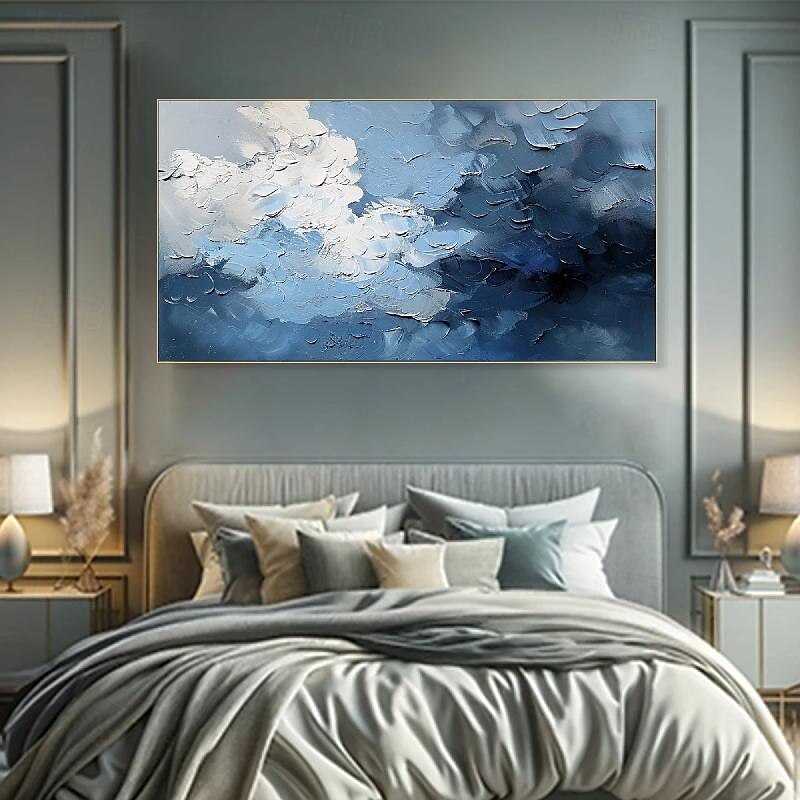 3d oljemaleri håndmalt tykk tekstur himmelblad oljemaleri beige blå skyline maleri på lerret abstrakt teksturert oljemaleri for veggkunst stue 2025 - $69.99 –P2