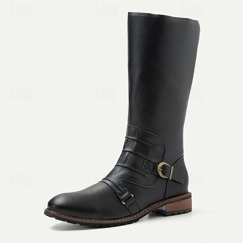 Men's Vintage Black and Brown Leather Riding Boots - Retro Knee-High Boots with Buckle Detail for Casual and Outdoor Wear 2025 - $69.99 –P3