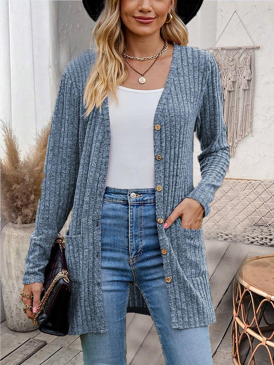 Damen Strukturjacke Strickjacke lässig einfarbig schlicht gerippt asymmetrisch V-Ausschnitt Tasche Knöpfe gedreht Langarm Normal Tops Strick Alltag Wein Armeegrün Frühling Herbst 2025 - $31.99 –P4