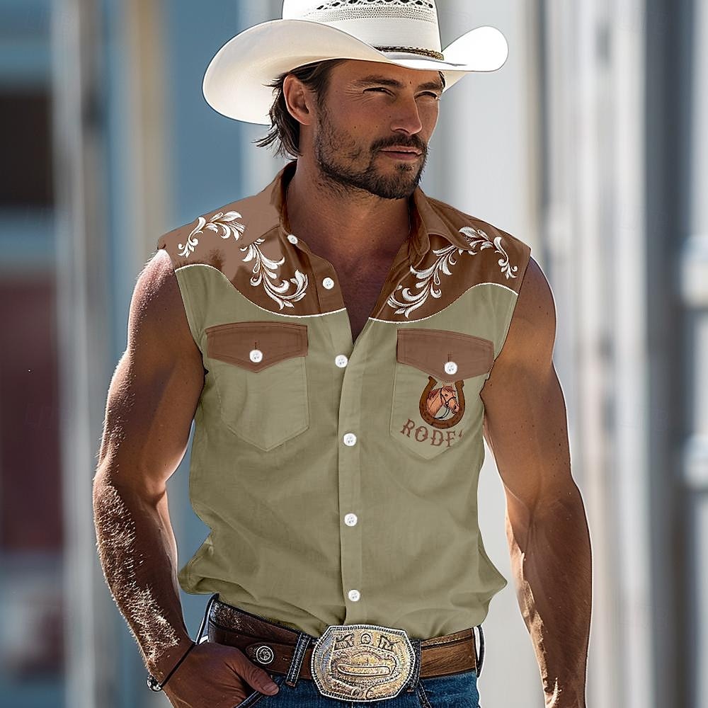 Homme Cheval Impression du sud-ouest Chemise Chemise Western Chemise de cow-boy Sans Manches style occidental Extérieur Travail Casual Eté Printemps Col de Chemise Bleu Vert Kaki de 2025 ? $27.99 –P2