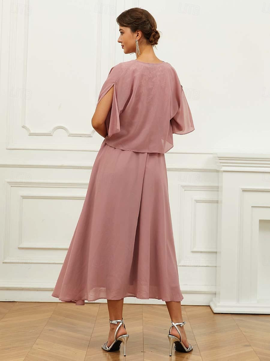 Per donna Abito linea A Chiffon Pizzo Con balze A V Manica corta Vestito longuette Invitati del matrimonio Cocktail party Elegante Da cerimonia Rosa Estate del 2025 a $49.99 –P5