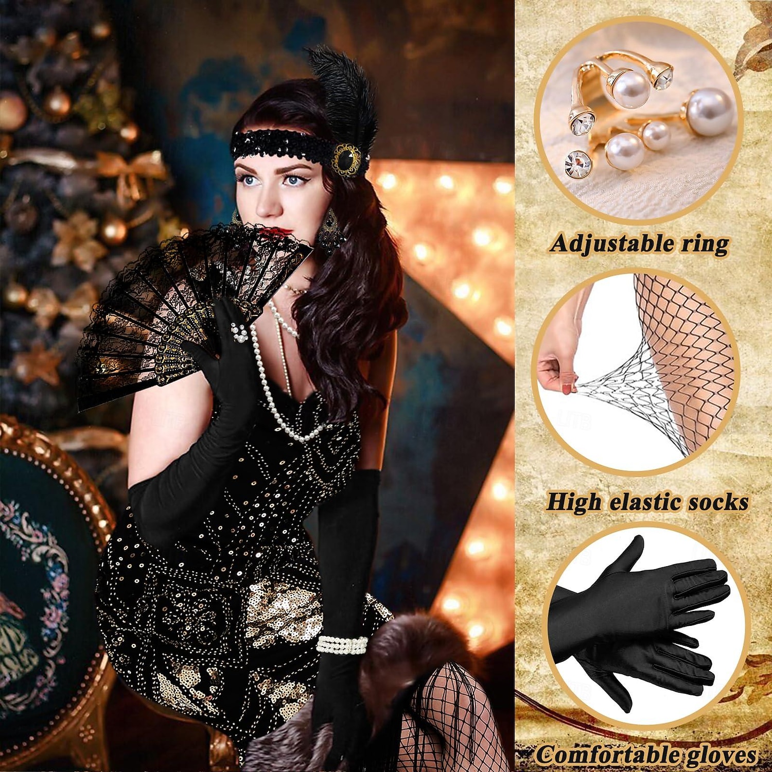 Set Urlați 20 de ani Anii 1920 Lungime Genunchi Rochie Flapper Ținute Rochie de bal cu accesorii Fără mâneci Gatsby Charleston Invitat la nuntă Paiete Franjuri Pană În V Costume de fancy Pentru femei 2026 - $49.99 –P3