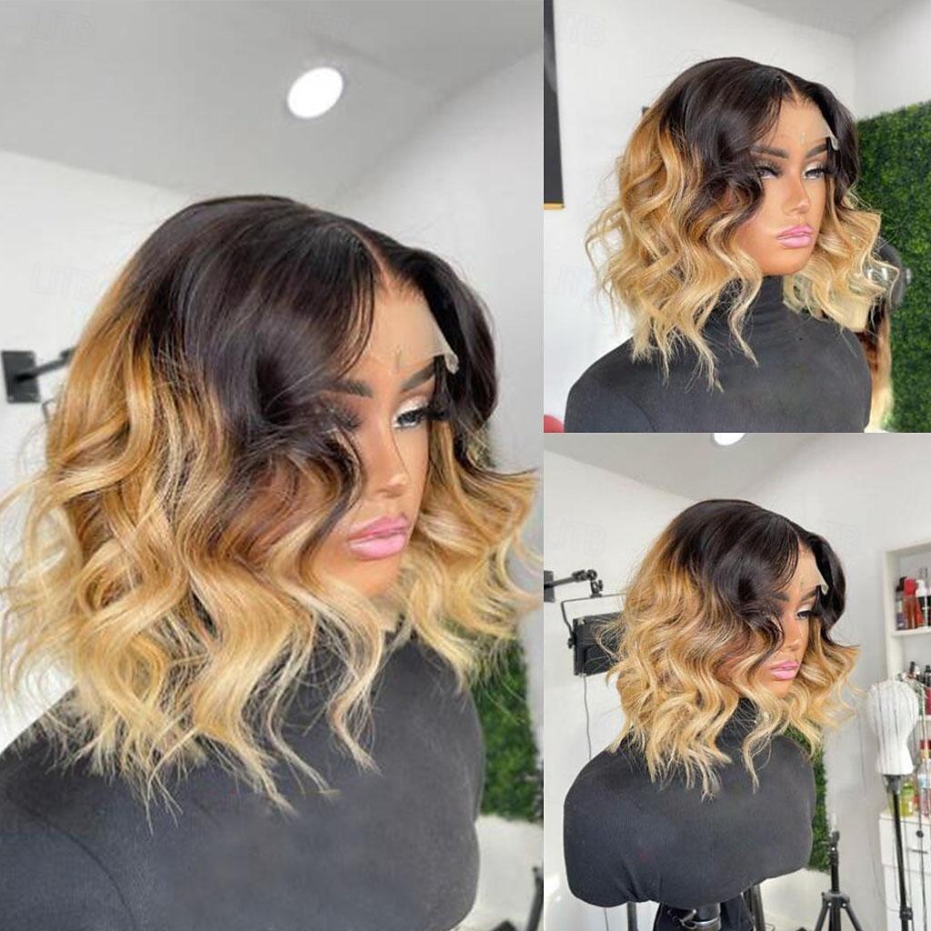 Cabelo virgem não processado 13x4 Lace Front Peruca Bob curto Cabelo Brasileiro Ondulado Multi Cores Peruca 130% 150% Densidade do Cabelo Cabelo Ombre Riscas Naturais 100% Virgem Sem cola Pré-depenado de 2025 por $213.19 –P4