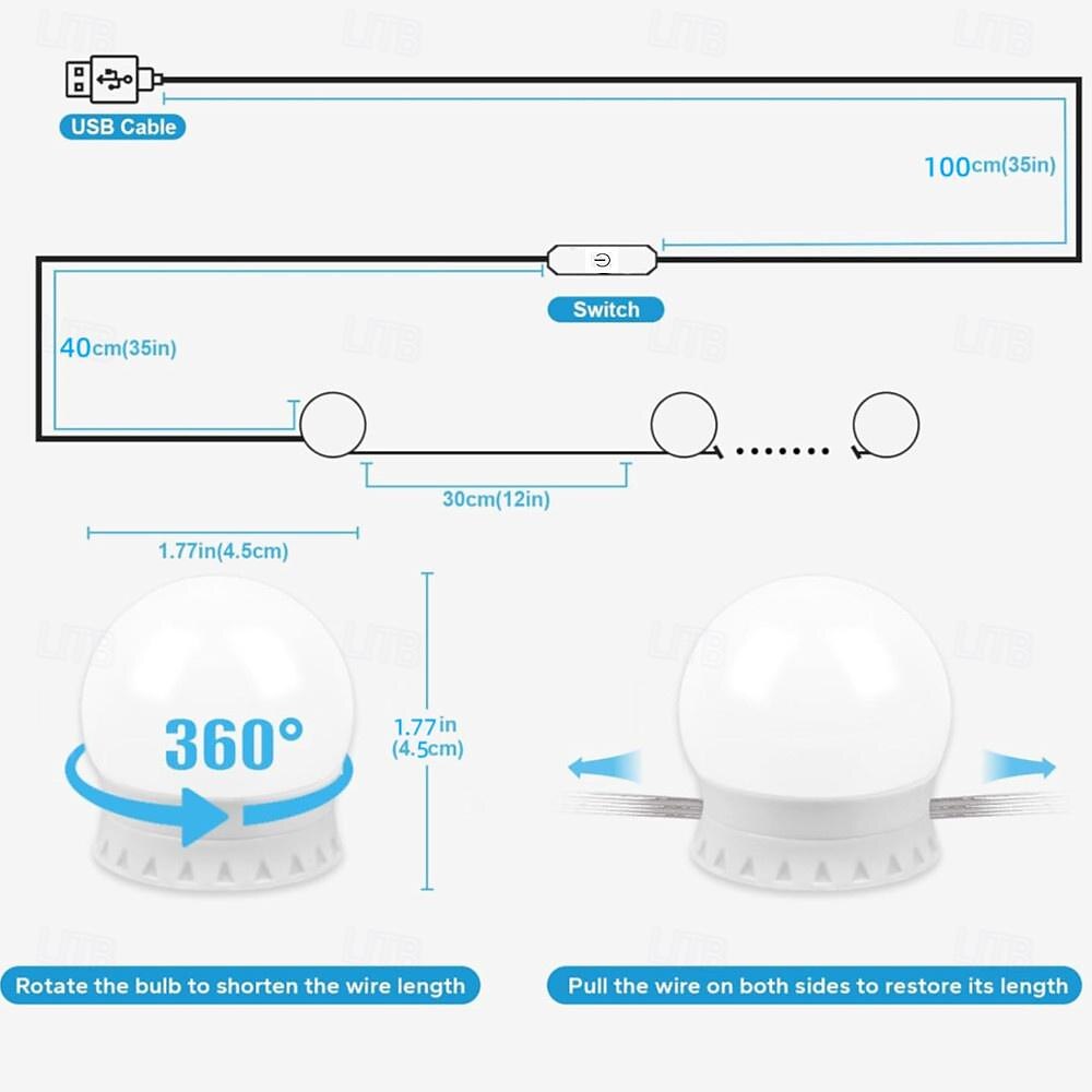 LED Vanity Lights for Mirror Vanity Lights Stick on with 10 Dimmable Bulbs 3000K 4000K 6500K  3 Color Modes Dimmable Brightness USB Cable Stick up for Dressing Table Bathroom Body Wall Mirror Ligh 2025 - $26.99 –P1
