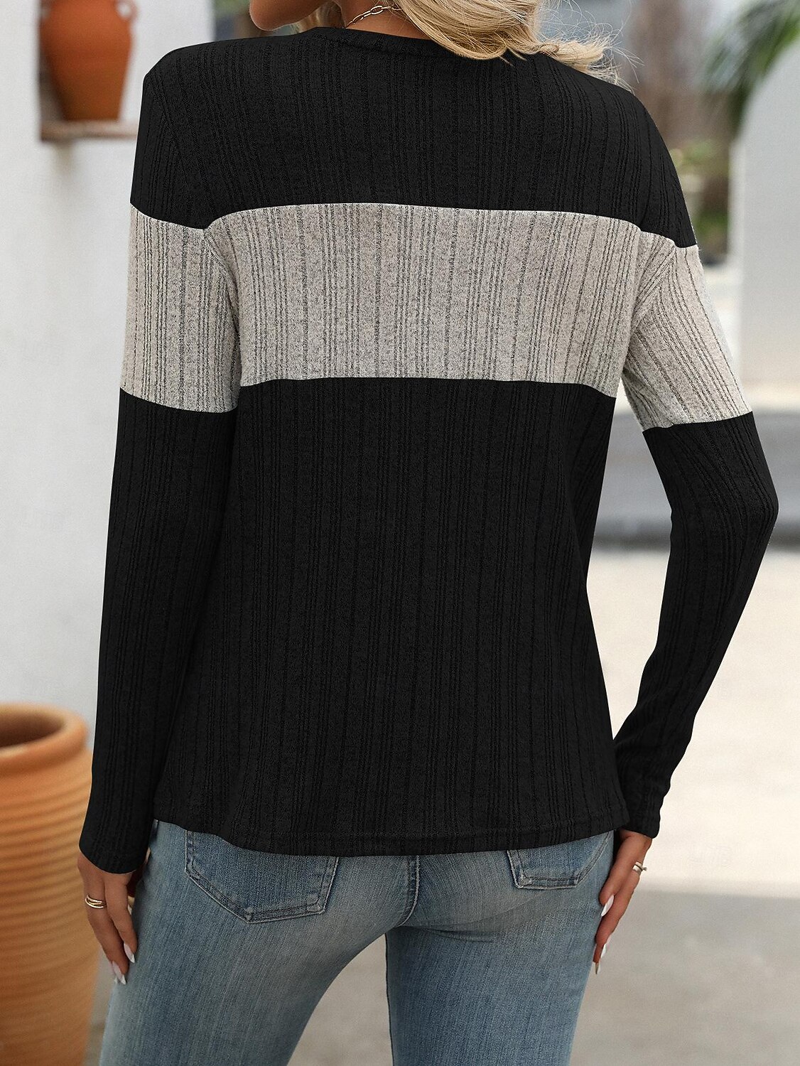 Per donna Felpa Moda Color Block A coste Girocollo Stampa Manica lunga Top regolari Maglia Ufficio Nero Rosa Primavera Autunno del 2025 a $27.99 –P2