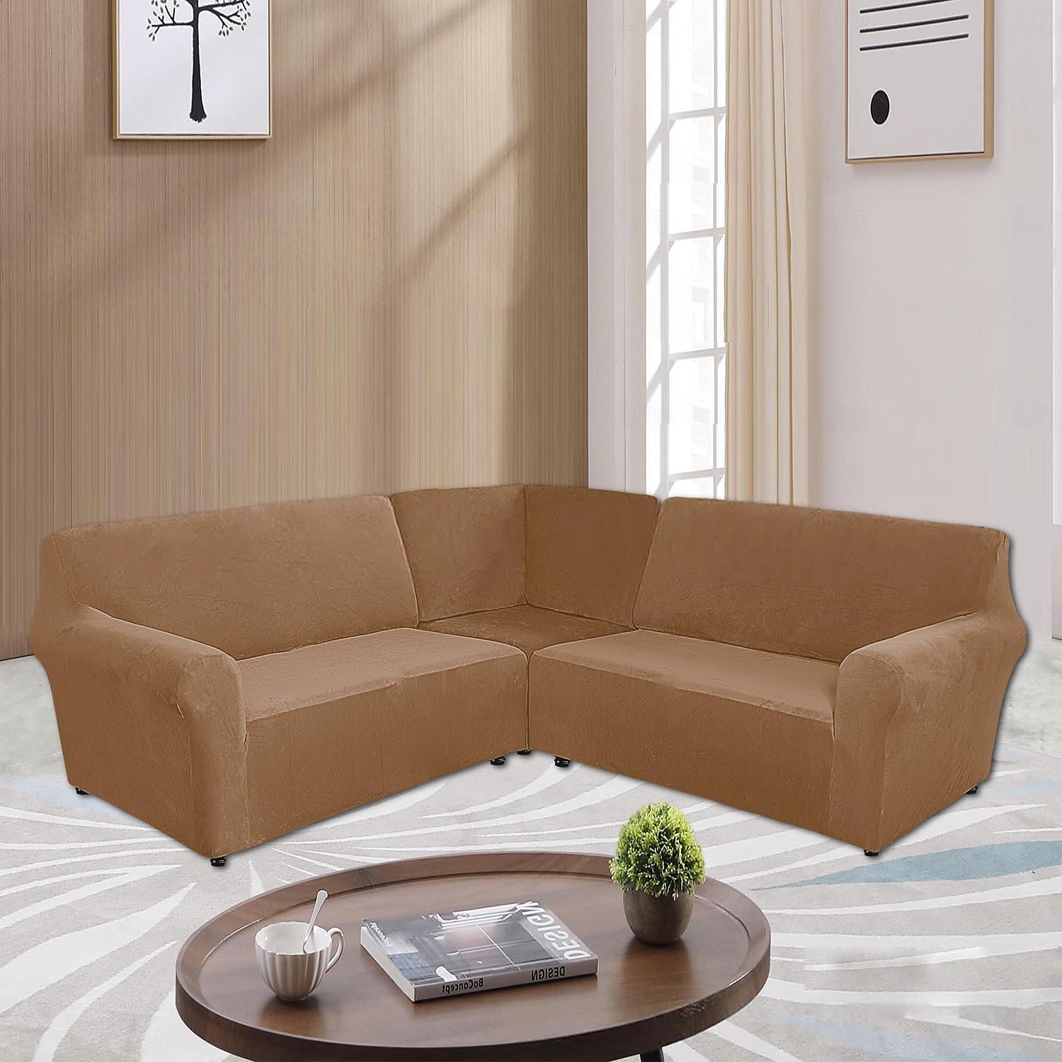 Stretch-Samt-5-Sitzer-Sofabezug in L-Form, einfarbig, All-Inclusive-Sofabezug für private Sitzecke in L-Form 2025 - $80.99 –P5
