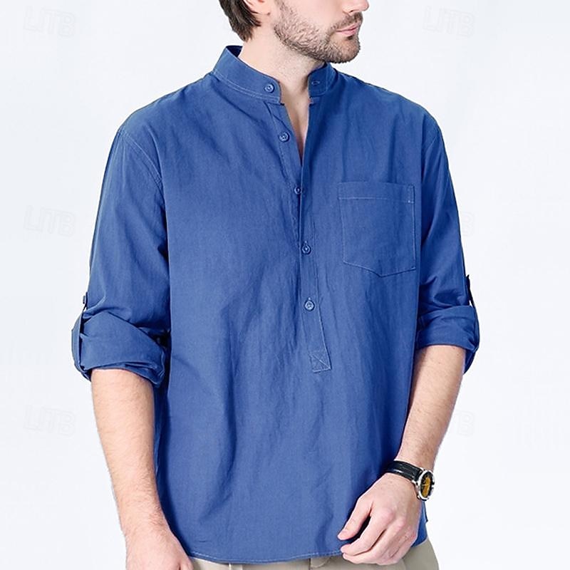 Per uomo Camicia camicia di lino Camicia con colletto cinese Camicia con colletto alla coreana Camicia popover Maglietta informale Tinta unica Da mare Hawaiano Nero Bianco Verde Cachi Manica lunga del 2025 a $30.99 –P10
