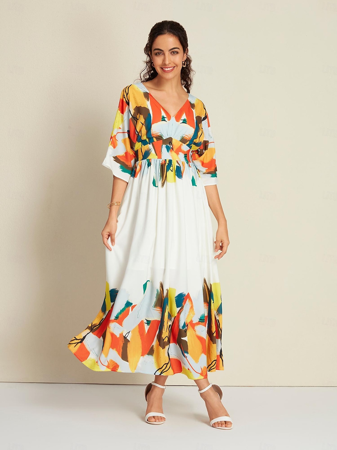 בגדי ריקוד נשים המקסי שמלת מקסי לבן חצי שרוול הדפסים גרפיים קשירה מאחור קיץ קיץ & אביב צווארון V חופשה יום יומי קז'ואל S M L 2025 - $135.99 –P1