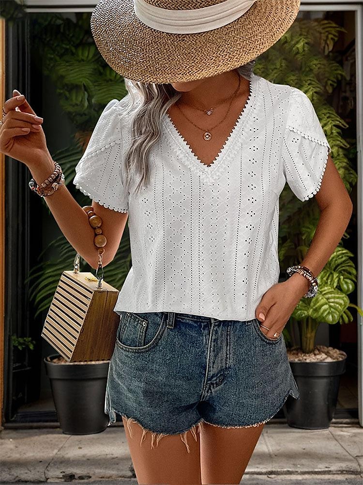 Per donna Camicia Blusa Tinta unica Elegante Moda Essenziale Manica corta A V Top regolari Giornaliero Pizzo Bianco Estate Primavera del 2025 a $29.99 –P3