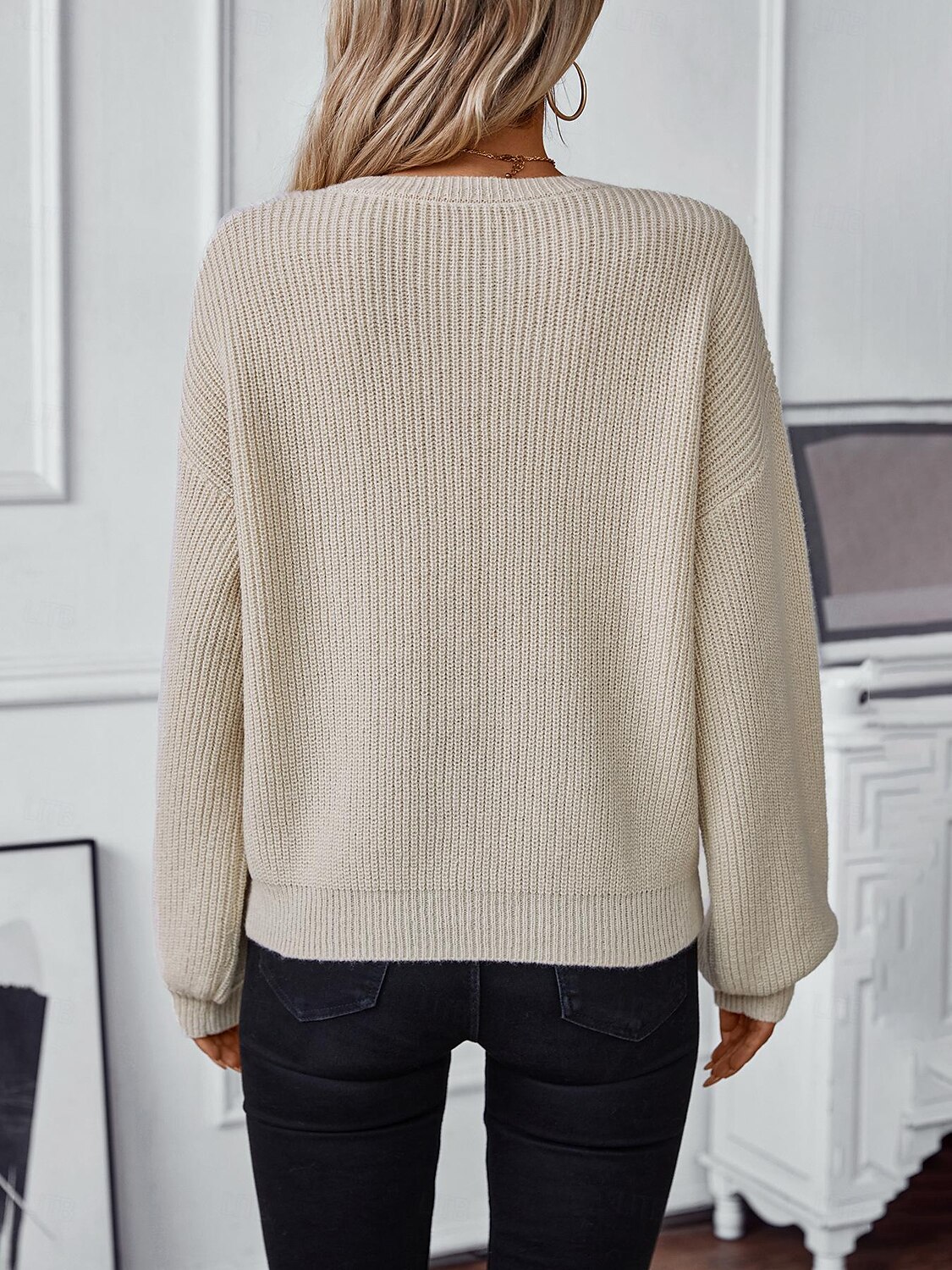 Damen Pullover Stilvoll Feste Farbe Gerippt Rundhalsausschnitt Strick Laternenärmel Langarm Lange Oberteile Stricken Arbeit Täglich Weiß Beige Herbst Winter 2025 - $51.99 –P2