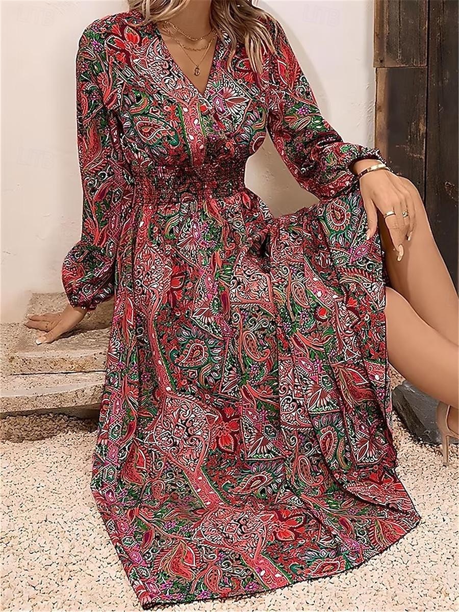 Női Hosszú ruha Maxi ruha hétköznapi ruha Swing ruha A vonalú ruha Boho ruha Alkalmi Boho Vakáció Napi Randi Laza öltözet Virágos Hosszú ujj V-alakú Sárga Rubin Lóhere Ősz 2025 - $35.99 –P1