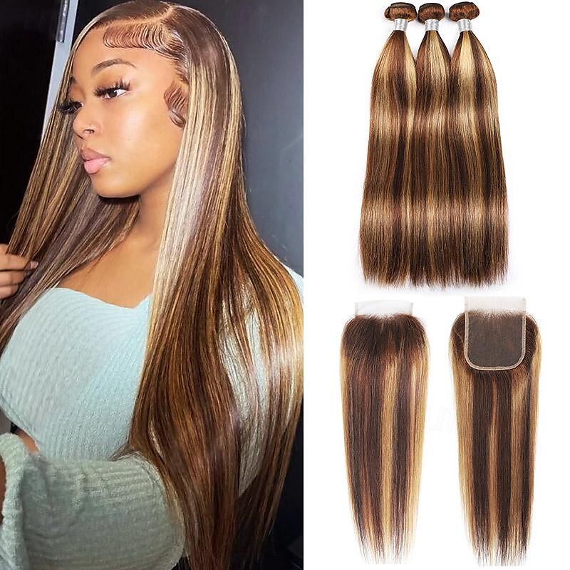 p4/27 evidenziano 3 pacchi di capelli umani lisci con chiusura in pizzo capelli umani remy del 2025 a $227.59 –P1