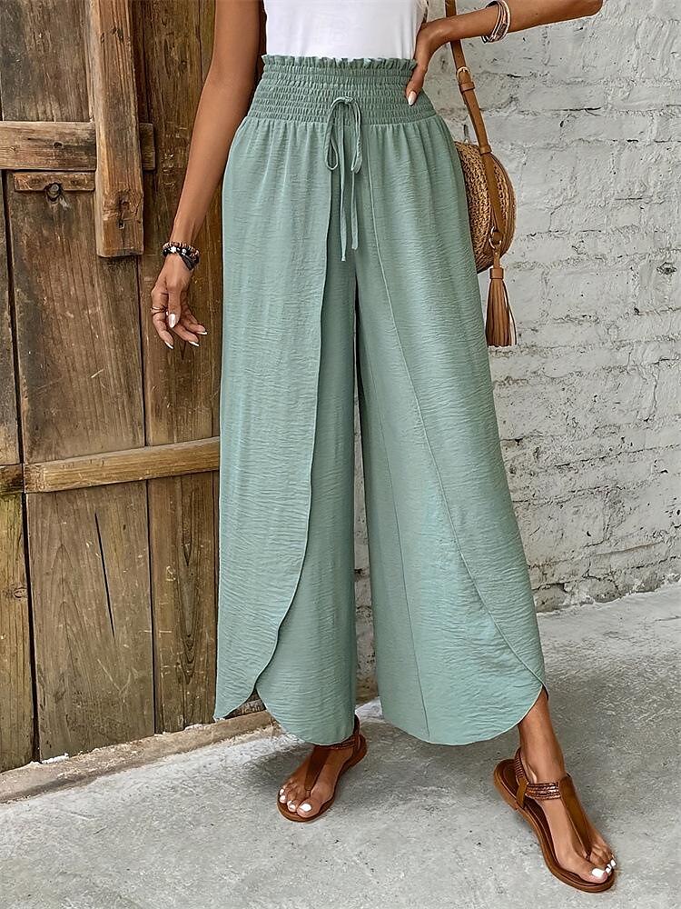 Femme Ample Pantalon Mode Longue Plein Cordon Fendu Respirabilité Confortable Micro-élastique Casual Quotidien Vert Printemps été Ample de 2025 ? $27.99 –P3