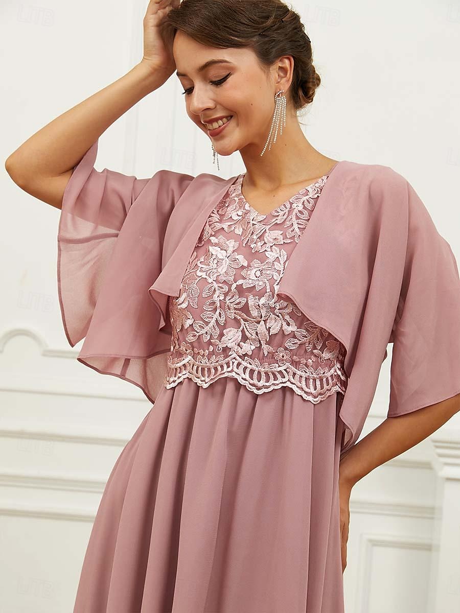 Per donna Abito linea A Chiffon Pizzo Con balze A V Manica corta Vestito longuette Invitati del matrimonio Cocktail party Elegante Da cerimonia Rosa Estate del 2025 a $49.99 –P4