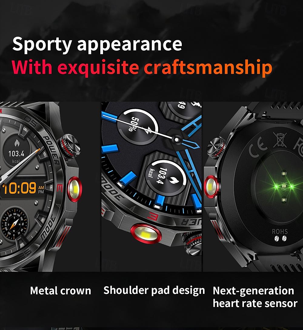 led-zaklamp smart watch heren ht28 buitensporten laserlicht bluetooth pratend kompas smart watch met 450 mah grote batterij 2025 - $59.99 –P6