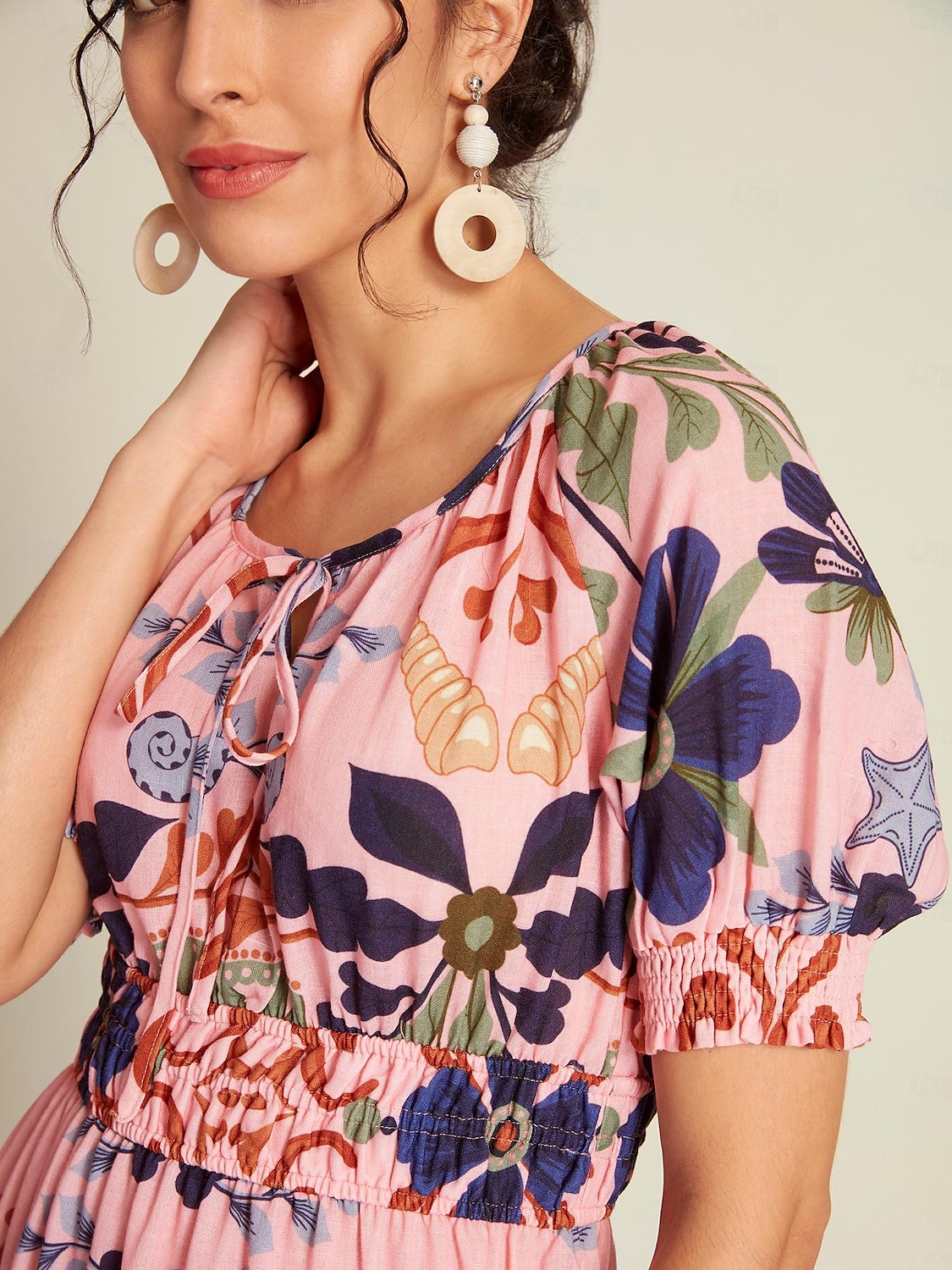 Dámské Elegantní šaty Midi šaty Světlá růžová Krátký rukáv Květinový Šňůrky Jaro léto Šněrování na krku Elegantní šaty Rande S M L 2026 - $21.99 –P3