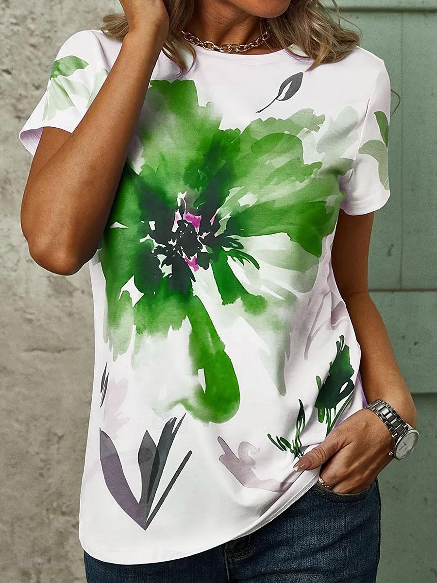 t-shirt femme élégant décontracté imprimé manches courtes hauts réguliers col rond quotidien blanc rouge vert été de 2025 ? $21.99 –P5