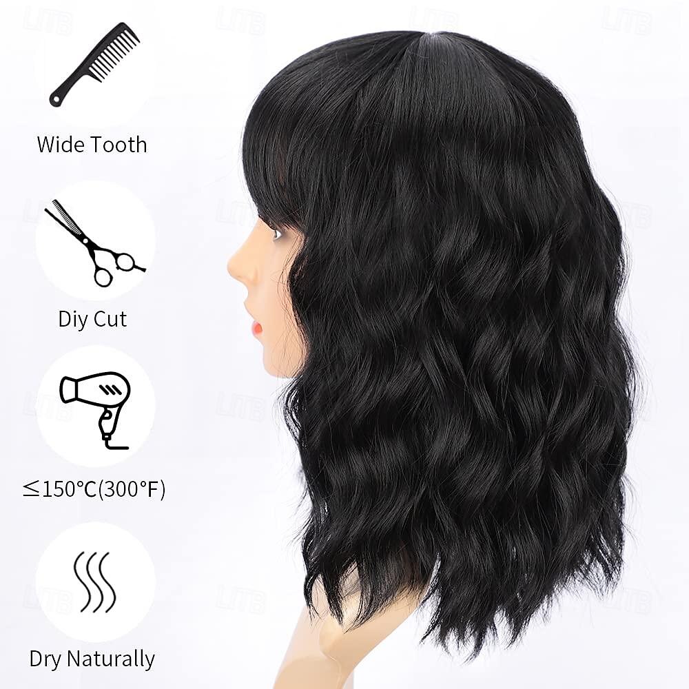 Bob encaracolado peruca sintética curta preta com franja natural olhando fibra resistente ao calor cabelo para mulher de 2025 por $14.49 –P5