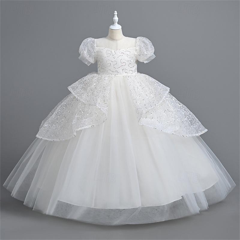 Flower Girl Dress Girls' Party Dress Performance Wedding Party Princess Beautiful Sweet Sequins Mesh Solid Color Short Sleeve Crew Neck White Pink 4-12 Years 2025 - $43.99 –P6