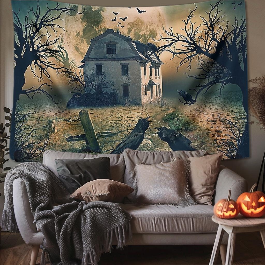 halloween dekorációk gobelin jack o lámpás tök dekor fal művészet nagy függő gobelin falfestmény dekoráció fénykép háttér takaró függöny otthon hálószoba nappali koponya csontváz denevér temető 2025 - $13.99 –P6