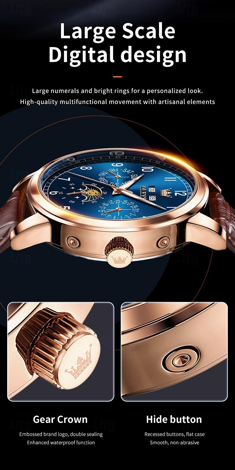 OLEVS Men Mechanical Watch Fashion Business Wristwatch Automatic Self-winding Moon phase Luminous Perpetual Calendar Leather Watch 2025 - $111.99 –P2