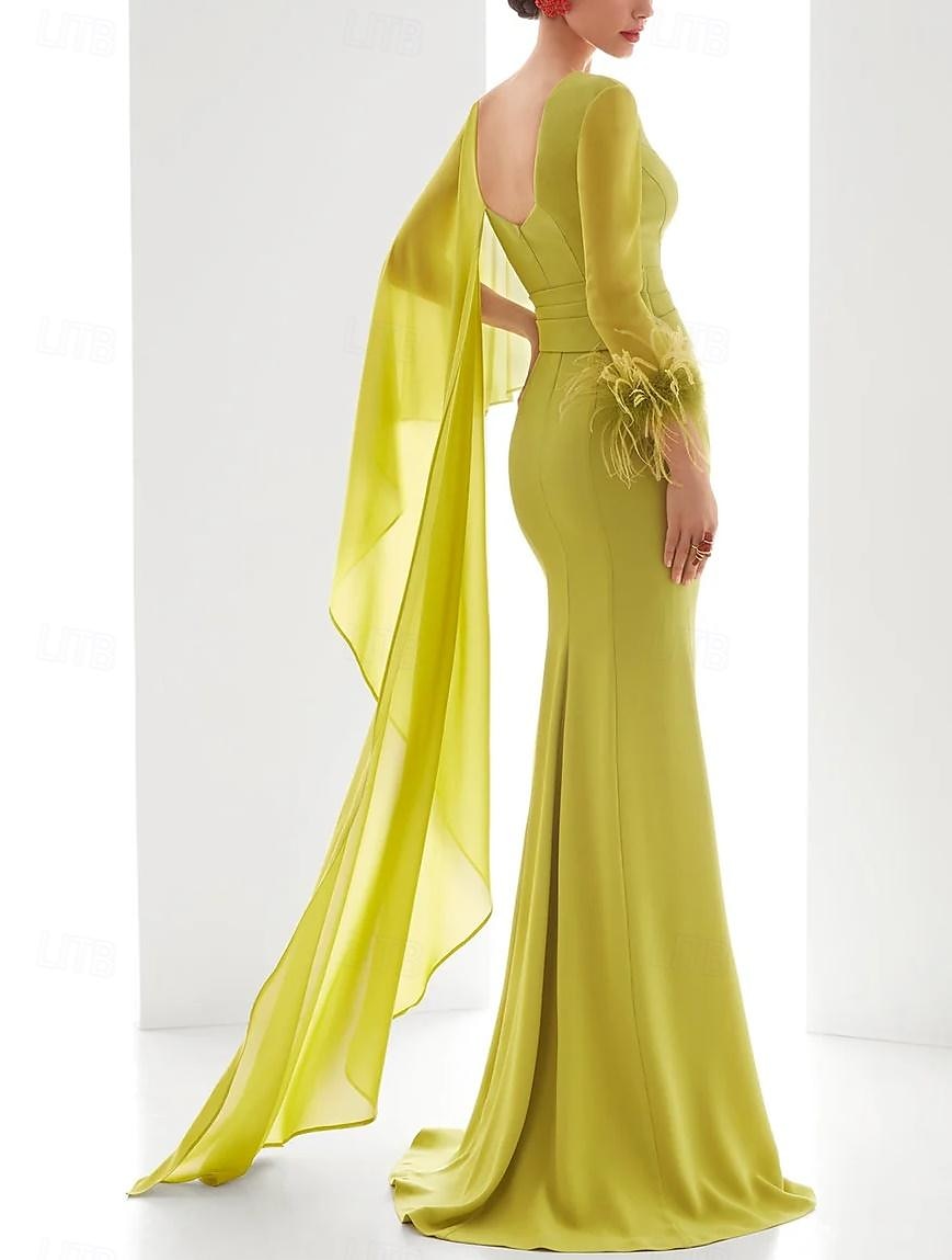 Strandhochzeit Schwarz Grün Meerjungfrau Abendkleid Elegantes Kleid Formal Herbst Bodenlänge Lange Ärmel V-Ausschnitt Chiffon mit Feder Rüschen 2025 - $179.99 –P2
