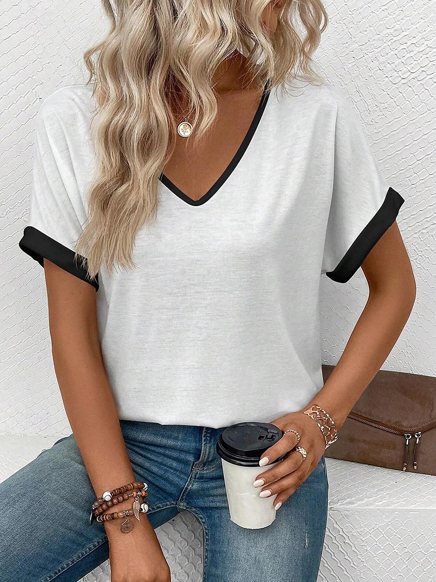 Damen T-Shirt lässig Streifendruck Kurzarm normale Oberteile V-Ausschnitt Alltag Schwarz-Weiß Sommer 2025 - $19.99 –P3