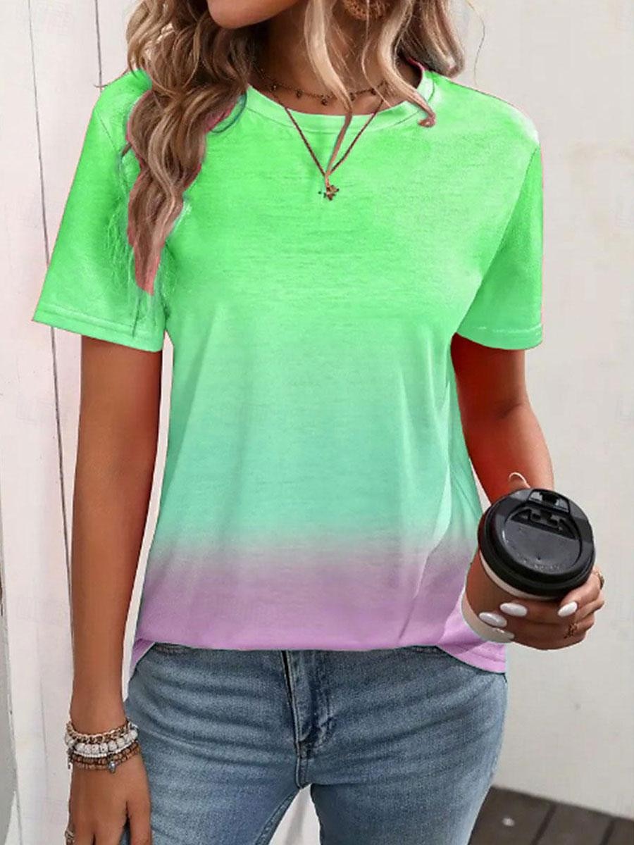 dame t-skjorte uformell gradient print kortermet vanlige topper rund hals daglig blå lilla grønn regnbue sommer 2025 - $19.99 –P8