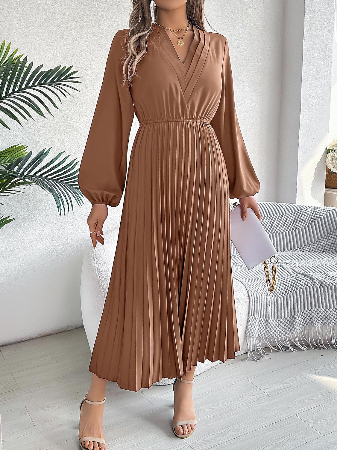 Per donna Abito da lavoro Abito linea A Di tendenza Ufficio Moda da lavoro Rimborsate Abito lungo Abito lungo A pieghe A V Manica lunga Liscio Standard Nero Vino Marrone Primavera Autunno S M L XL del 2025 a $39.99 –P12