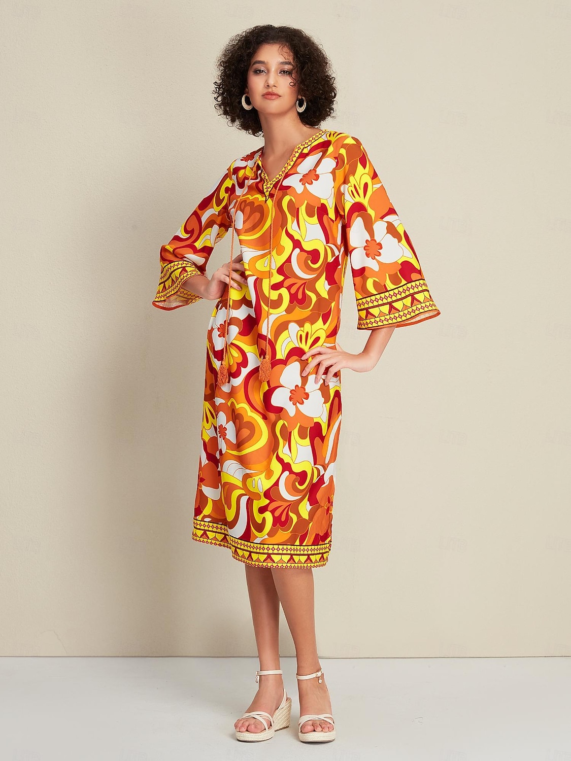 Abito midi con scollo a V e maniche a 3/4 con cravatta in raso sul davanti del 2026 a $20.69 –P3