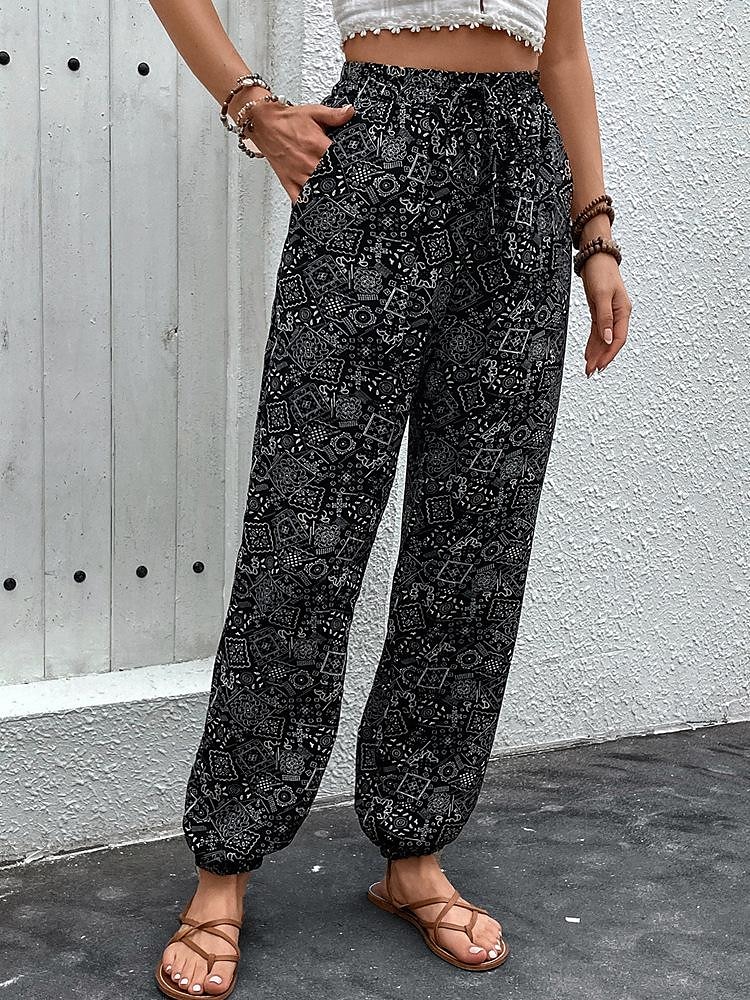 Per donna Pareggiatore Pantaloni Di tendenza Lungo Pop art Tasche laterali Cinturino elastico Stampa Traspirabilità Comodo Media elasticità Casual / quotidiano Nero Blu marino Primavera estate del 2025 a $24.99 –P2
