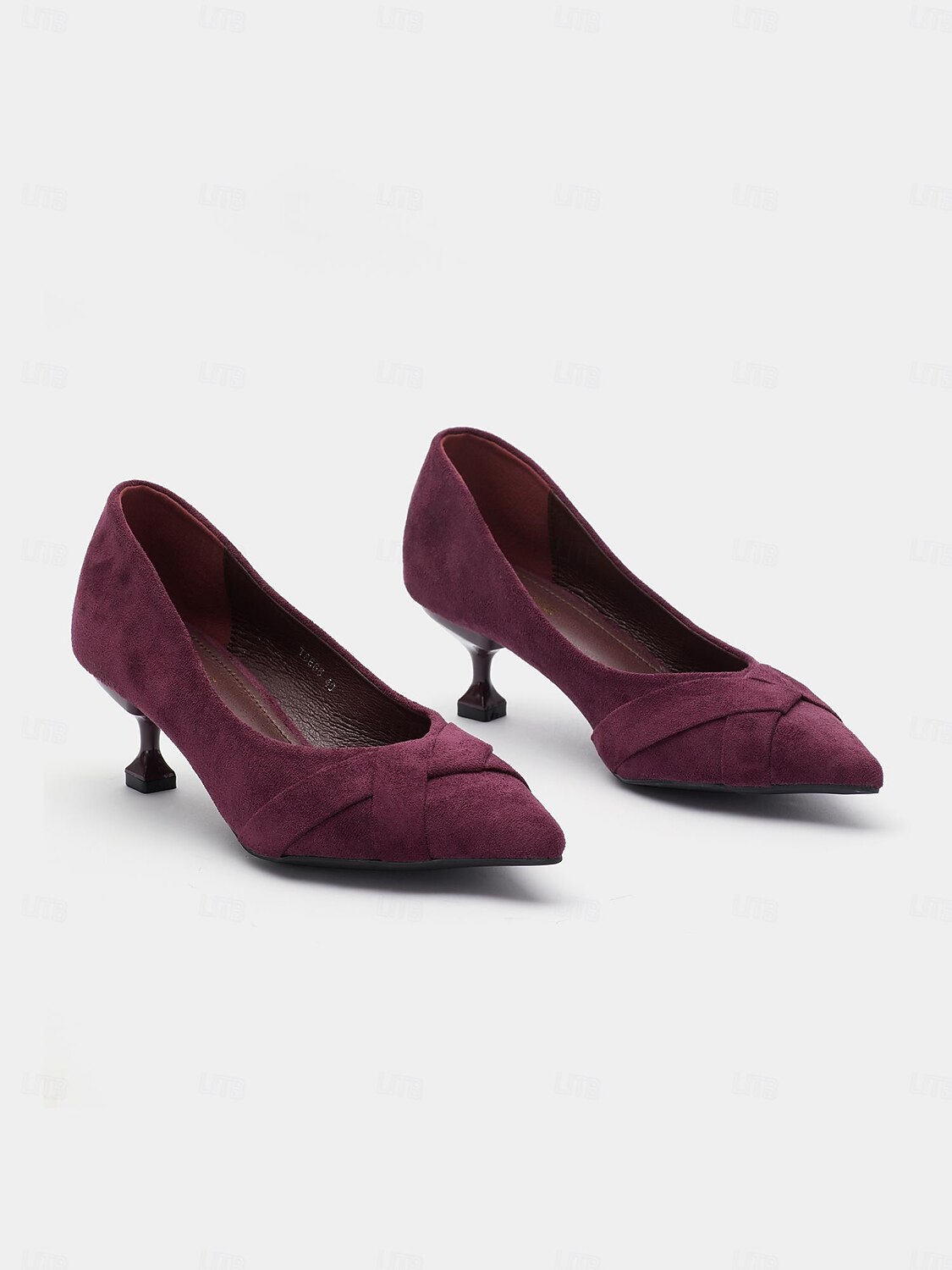 pantofi cu toc pisoi din piele intoarsa visiniu cu detaliu de noduri incrucisate pentru o tinuta eleganta si formala 2025 - $46.99 –P1