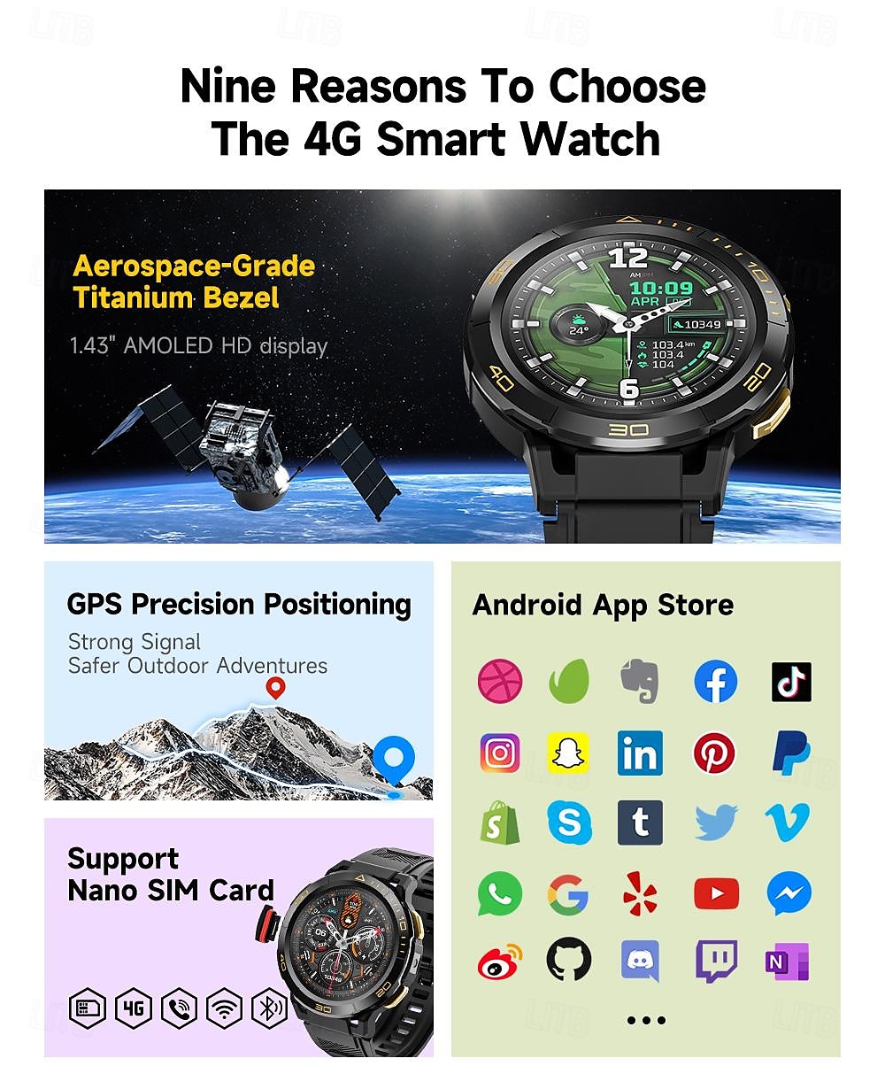 iMosi I6 Smart Watch 1.43 inch 4G LTE Cellular Smartwatch Phone 4G Pedometer Call Reminder Sleep Tracker Compatible with Null Men GPS Hands-Free Calls Waterproof IP 67 46mm Watch Case 2025 - $128.99 –P2