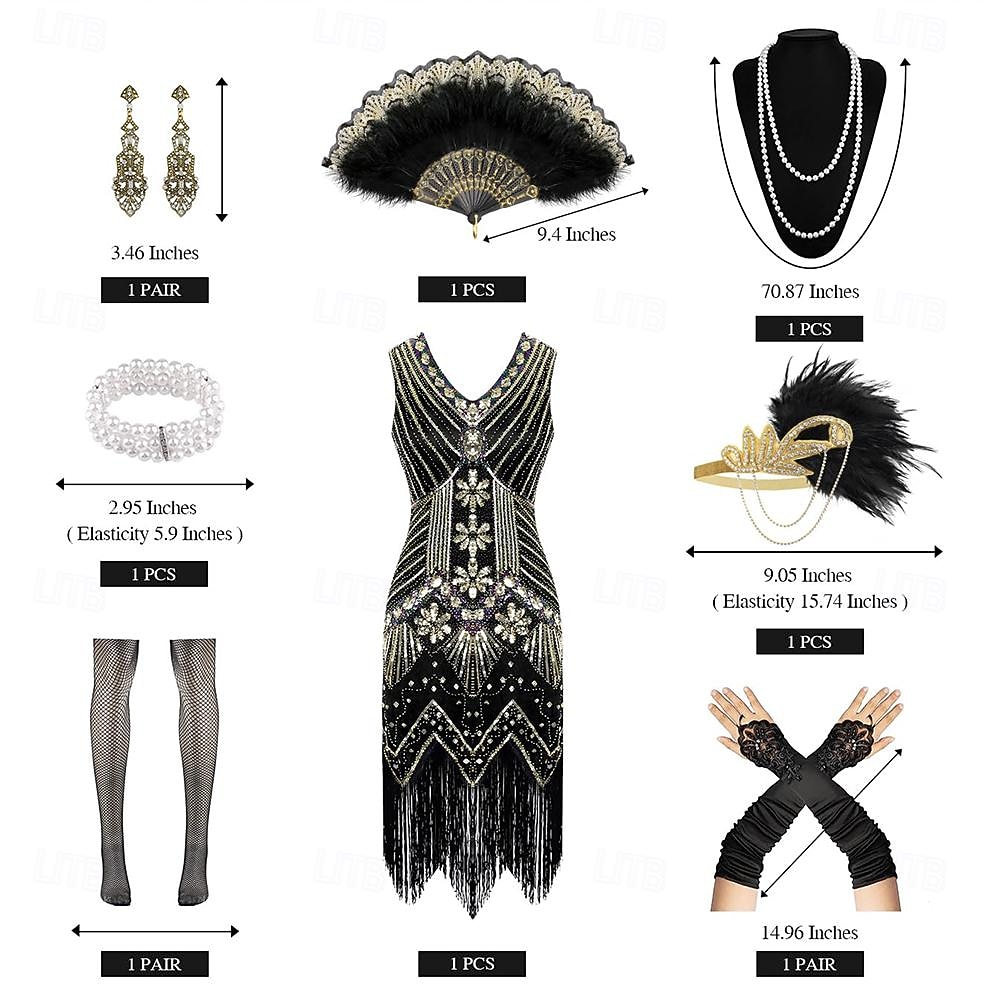 Goldene Zwanziger 1920er Knielang Flapper Kleid Outfits Zubehörset Ärmellos Der große Gatsby Flapper-Mädchen Hochzeitsgast Pailletten Quastenfransen V Ausschnitt Kostüm Damen Club Abendgesellschaft 2026 - $60.99 –P5