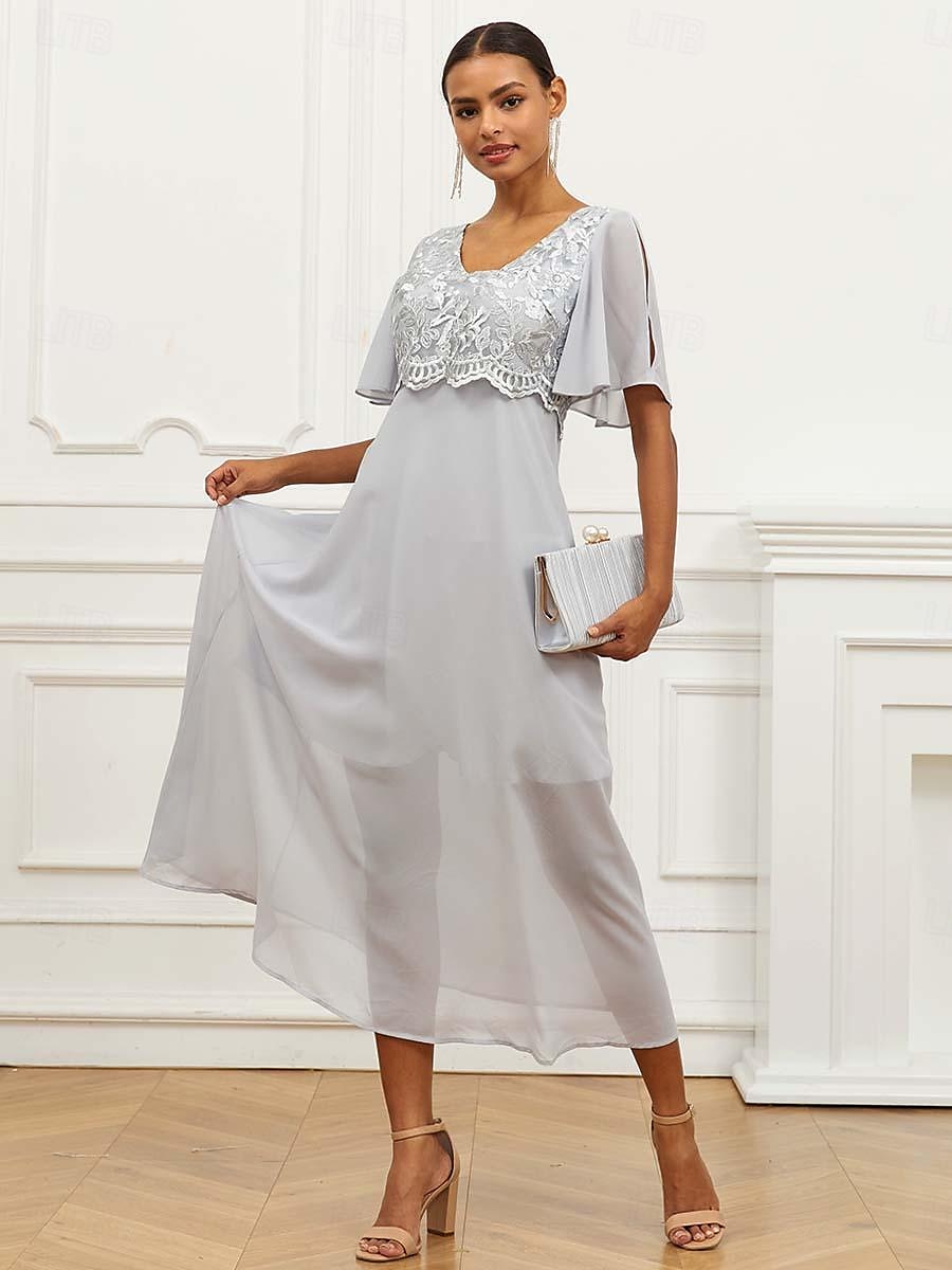 Per donna Abito linea A Poliestere Pizzo Con balze A V Manica a balza Manica corta Vestito maxi Invitati del matrimonio Cocktail party Elegante Da cerimonia Grigio Estate del 2025 a $49.99 –P5