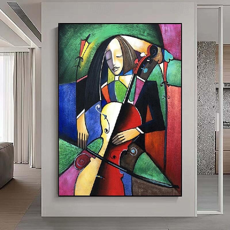 das Cellisten-Portraitgemälde - handgemaltes kubistisches Ölgemälde auf Leinwand, handgemaltes Musiker-Geigen-Cello-Gemälde für Schlafzimmer-Wohnzimmer-Kunstwerk 2025 - $116.99 –P2