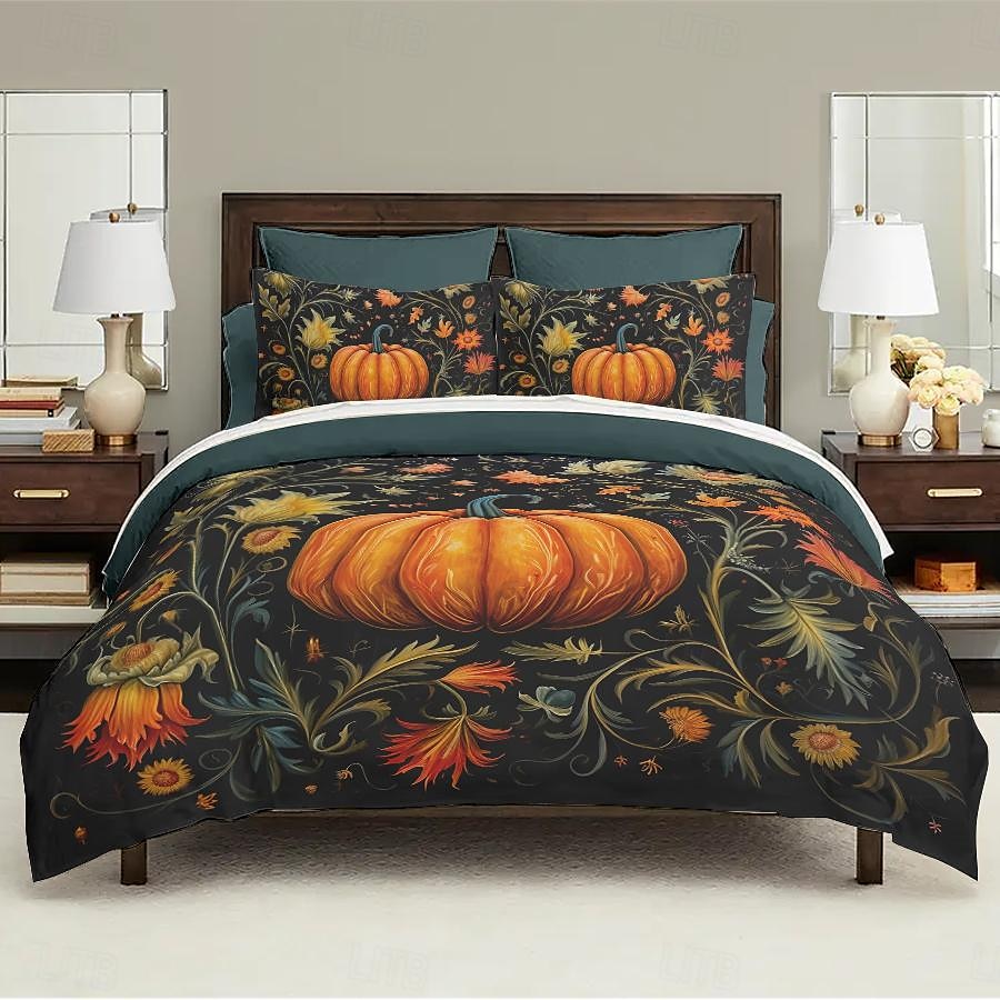 set copripiumino zucca autunnale di Halloween - include copripiumino e federe - design festoso e accogliente - tessuto morbido e confortevole - perfetto per Halloween e decorazioni autunnali per la casa del 2025 a $41.99 –P2