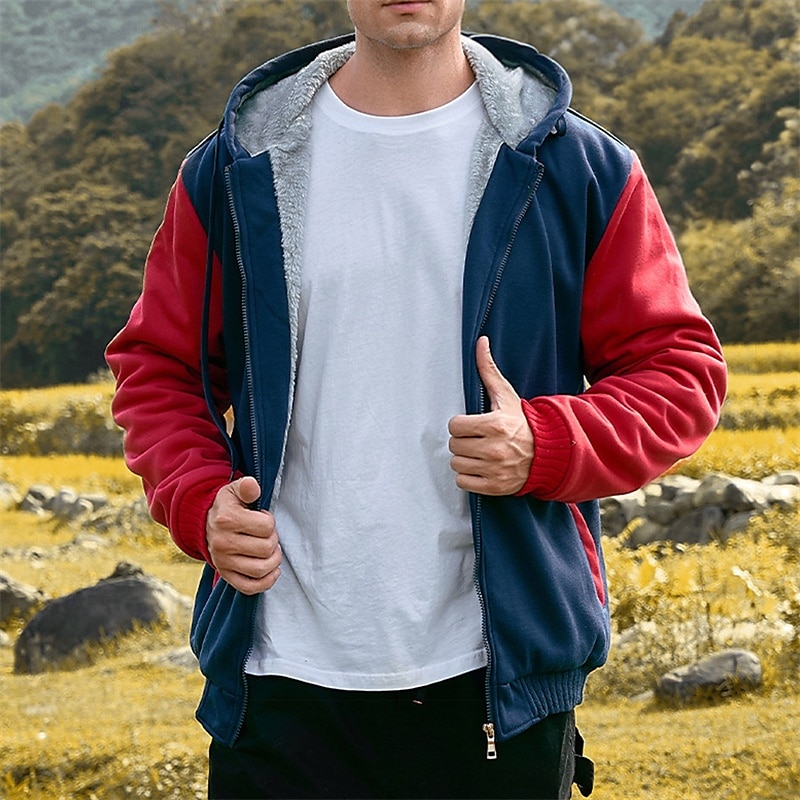 Муж. Толстовка с капюшоном на молнии Балахон на молнии Флисовая жилетка Черный Синий Светло-серый Темно-серый Капюшон Контрастных цветов Застегнуться Пэчворк Карман 2026 - $53.99 –P1