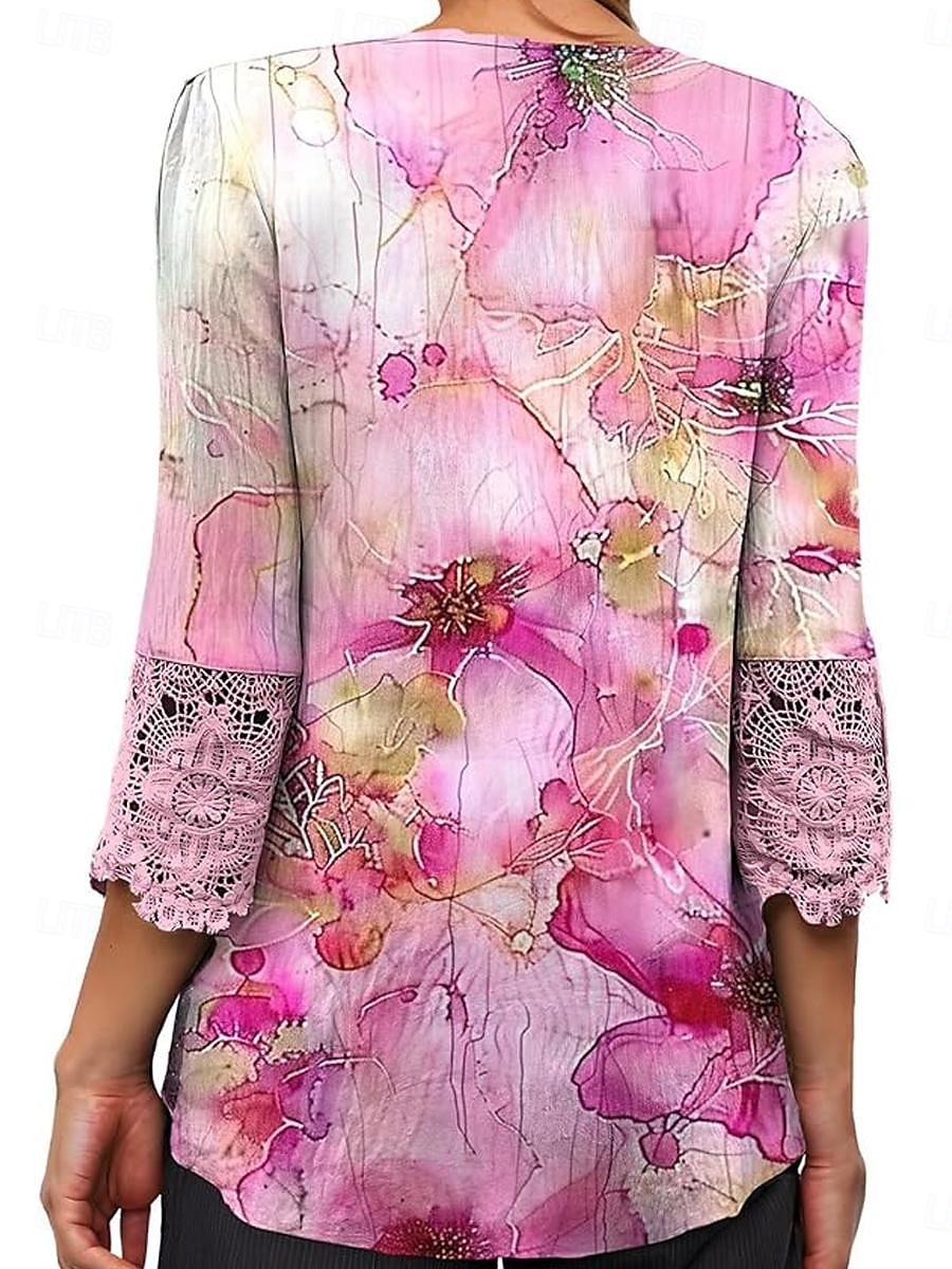 Kvinne Elegant Blonde Topper Eyelet Bluse Avslappet Ombre Blomsterblonde Knapper 3 4 Lengde Erme Reguliære Topper V Hals Daglig Romantisk Petite Topper Sommer Ferie Bruke Svart Rosa Blå Grønn Vår Høst 2025 - $21.99 –P8