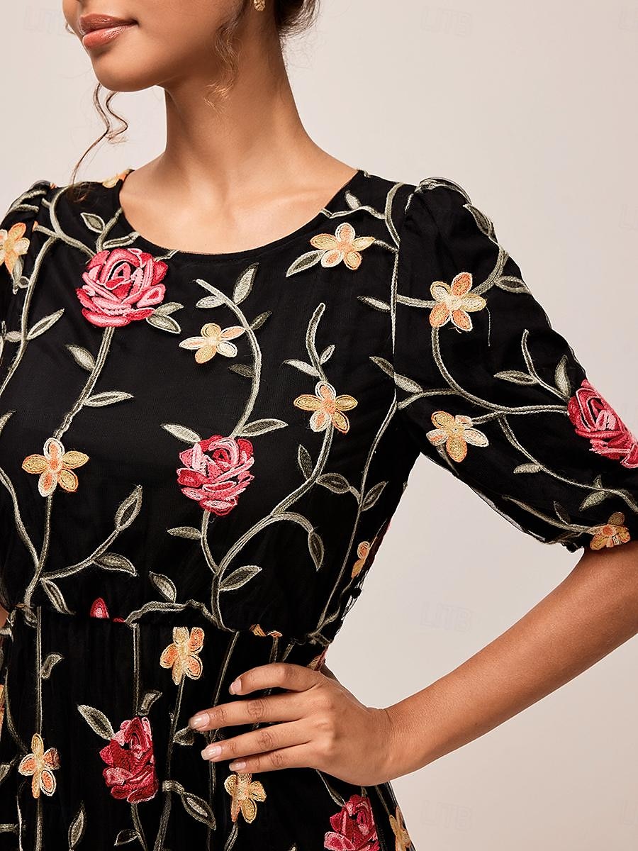 Naisten Maksimekko Musta mekko A linjainen mekko Tyylikäs Puhvihiha Loma Päivittäin Loose Fit Kukka Lyhythihainen Tiukka pyöreä kaula-aukko Musta Kesä 2025 - $99.99 –P7