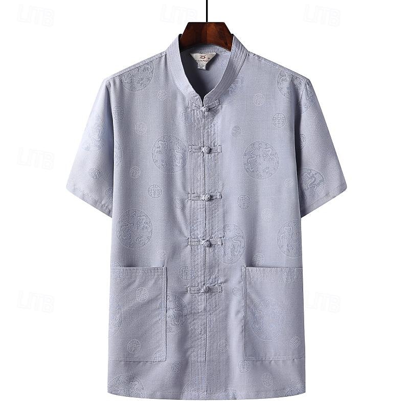 Men's T-shirt Suits Shirt and Pant Sets 2 Pieces Outfits Short Sleeve Standing Collar Summer Chinese character Fashion Chinese Style Casual 2 Piece Vacation Daily Wear Going out White Beige Gray Top 2025 - $31.99 –P4