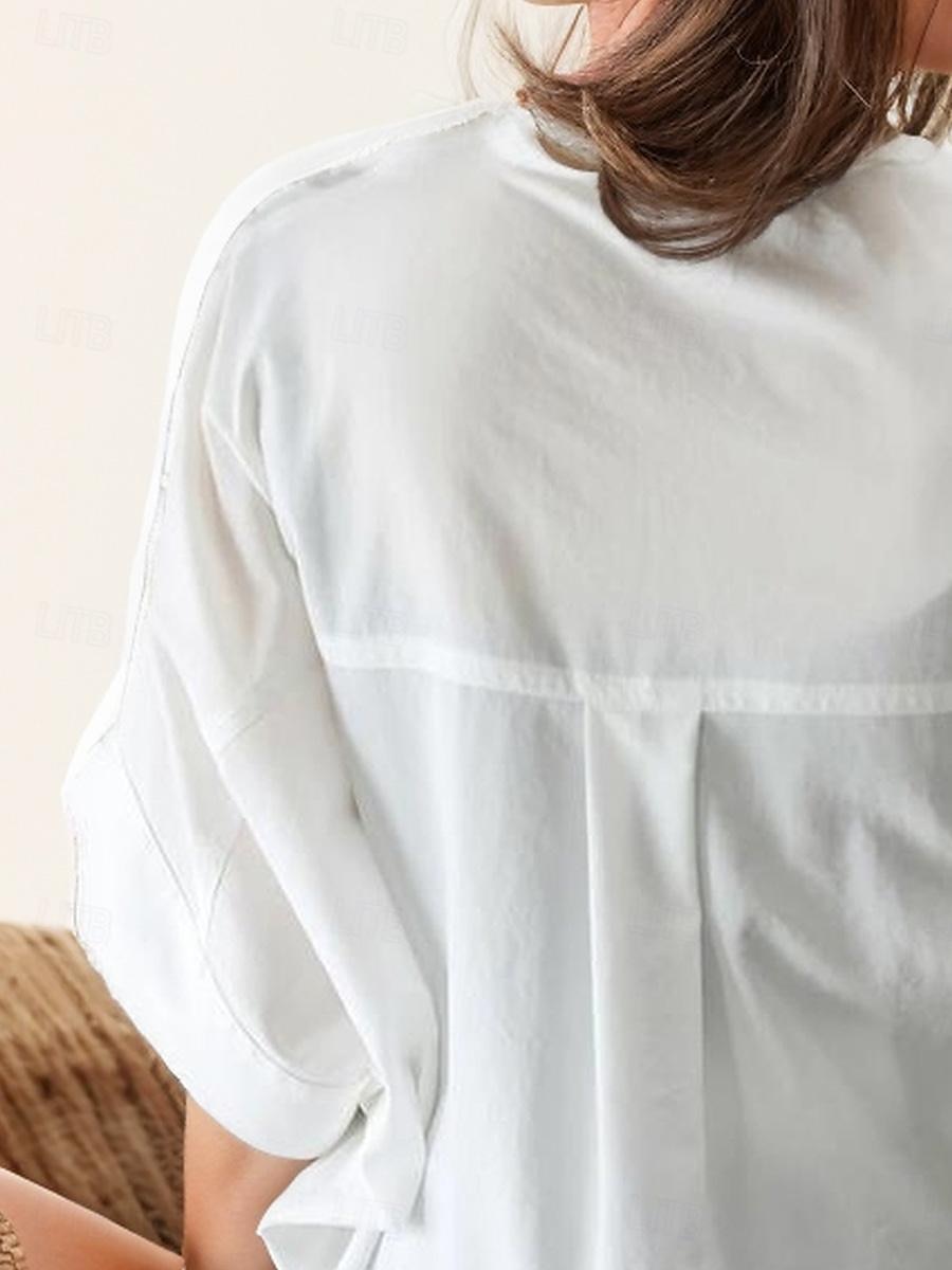 damebluse elegant stilig ensfarget rynket flaggermus-erm 3/4 lengde erme med hakk i halsen arbeid daglig hvit marineblå brun brun grønn sommer vår høst 2025 - $26.99 –P4