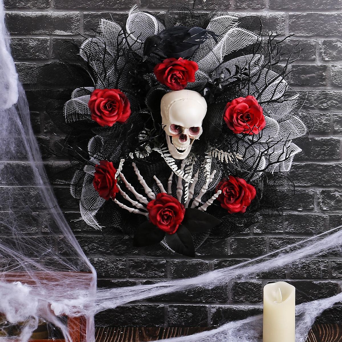 Halloween-kranser til inngangsdør innendørs utendørs dekorasjon, roseskalle-nettkrans hengende for skummel bar- og festskjelettdekorasjon 2025 - $32.99 –P5
