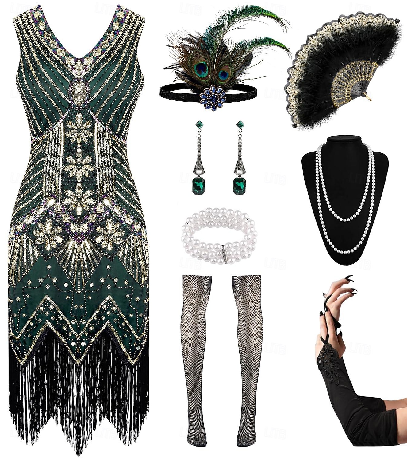 Goldene Zwanziger 1920er Knielang Flapper Kleid Outfits Zubehörset Ärmellos Der große Gatsby Flapper-Mädchen Hochzeitsgast Pailletten Quastenfransen V Ausschnitt Kostüm Damen Club Abendgesellschaft 2026 - $60.99 –P6