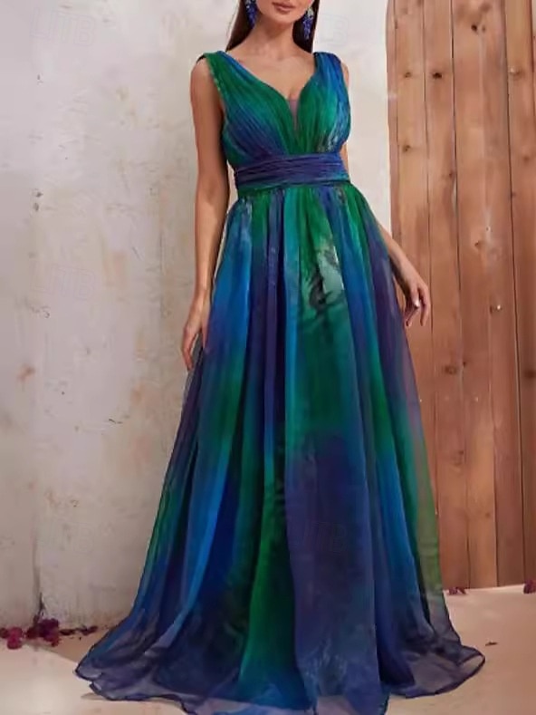 Vestido largo de gasa verde para mujer, estampado gráfico degradado de color, fruncido, escote en V, elegante, vintage, para el día de San Valentín, para el trabajo, sin mangas, para verano y 2025 - $74.99 –P4
