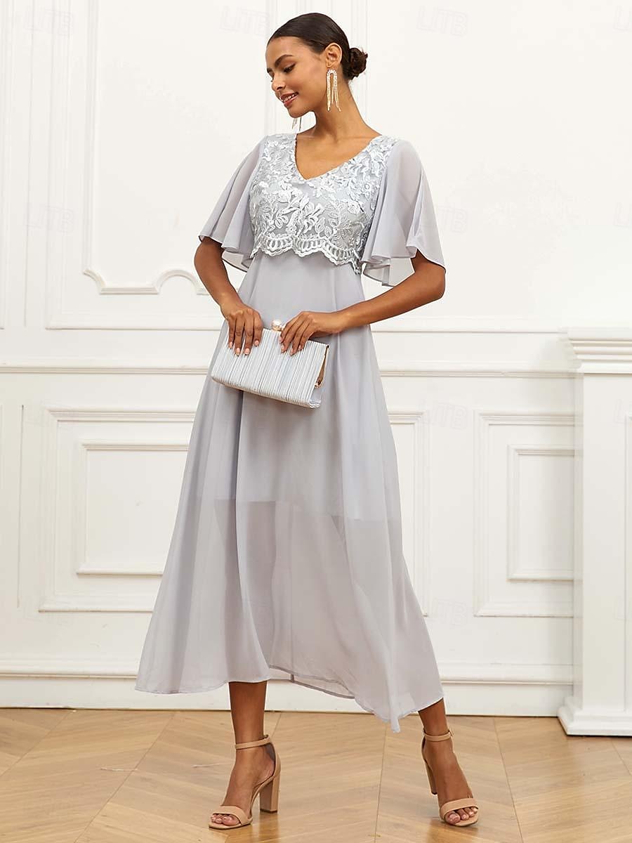 Per donna Abito linea A Poliestere Pizzo Con balze A V Manica a balza Manica corta Vestito maxi Invitati del matrimonio Cocktail party Elegante Da cerimonia Grigio Estate del 2025 a $49.99 –P2