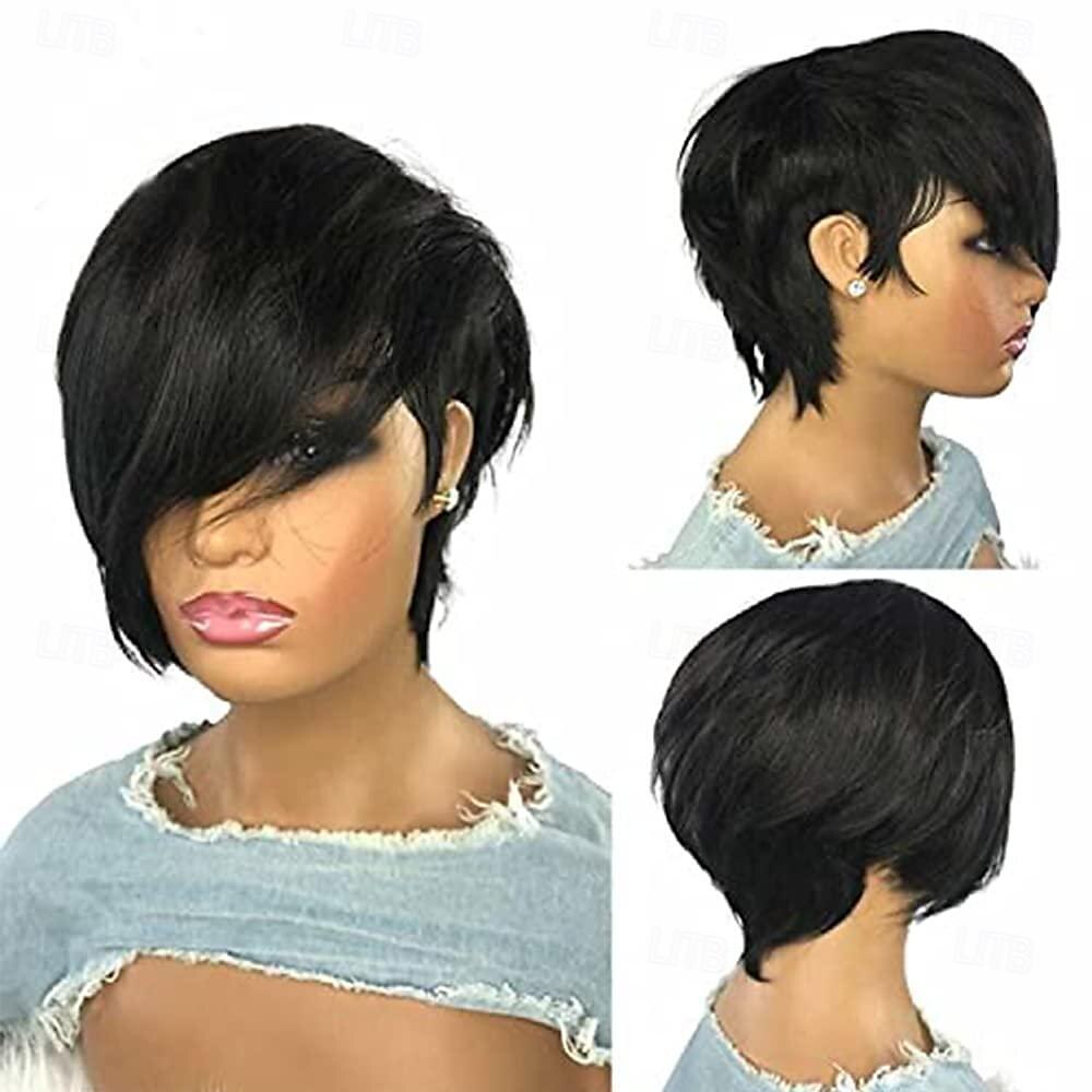 Pelucas de corte pixie con flequillo, peluca bob corta, cabello humano para mujeres negras, pelucas cortas con corte pixie, pelucas sin encaje frontal, peluca completa sin pegamento hecha a máquina 2025 - $47.99 –P2