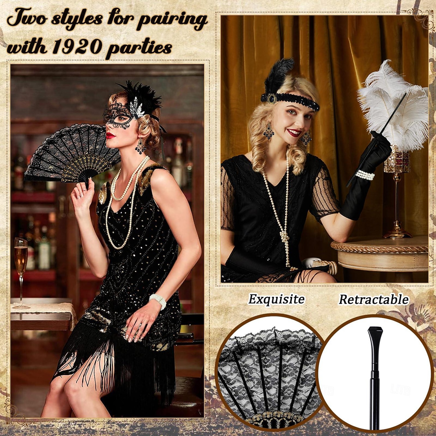 Set Urlați 20 de ani Anii 1920 Lungime Genunchi Rochie Flapper Ținute Rochie de bal cu accesorii Fără mâneci Gatsby Charleston Invitat la nuntă Paiete Franjuri Pană În V Costume de fancy Pentru femei 2026 - $49.99 –P4
