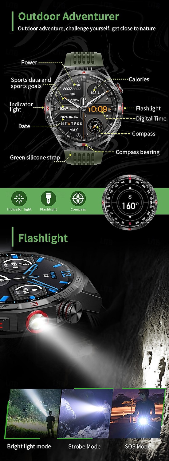 led-zaklamp smart watch heren ht28 buitensporten laserlicht bluetooth pratend kompas smart watch met 450 mah grote batterij 2025 - $59.99 –P9